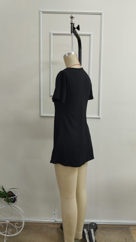 Women's Short-Sleeved Asymmetrical V-Neck Button Detail Viscose Blouse, 33343