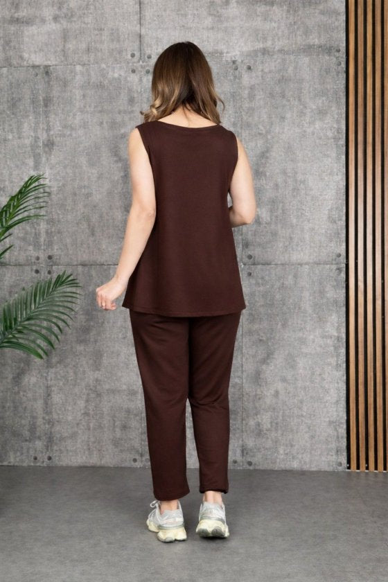 Women's Strappy Round Neck Viscose Two-Thread Blouse and Sweatpants Two-Piece Set, 33360
