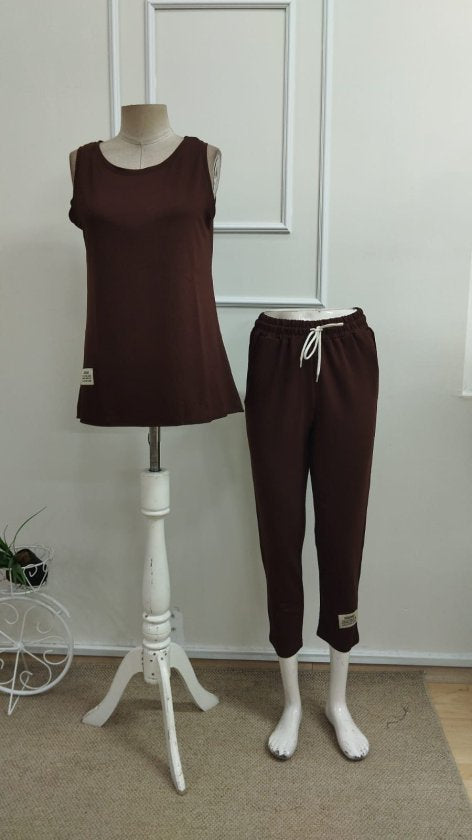 Women's Strappy Round Neck Viscose Two-Thread Blouse and Sweatpants Two-Piece Set, 33360