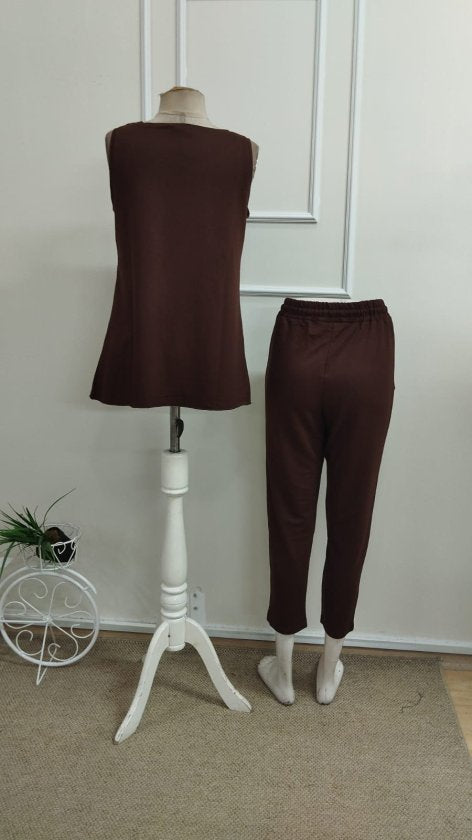 Women's Strappy Round Neck Viscose Two-Thread Blouse and Sweatpants Two-Piece Set, 33360