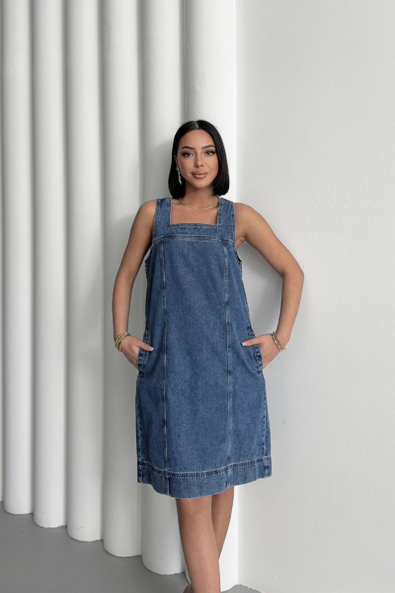 Askılı Yan Cepli Klasik Kot Elbise - Düz Orta Mavi Rins - (S-XXL) - 5