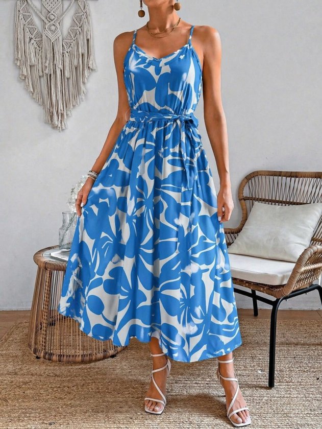 Women's Thin Strap V-Neck Belted Long Patterned Supra Dress, 33597