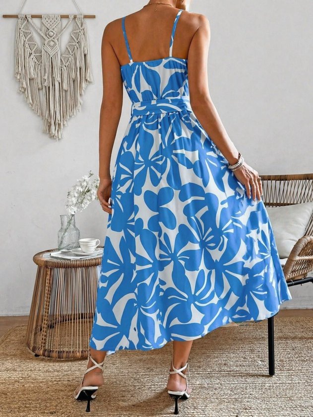 Women's Thin Strap V-Neck Belted Long Patterned Supra Dress, 33597