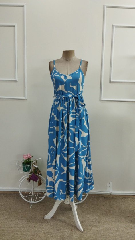 Women's Thin Strap V-Neck Belted Long Patterned Supra Dress, 33597
