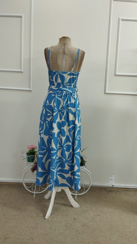 Women's Thin Strap V-Neck Belted Long Patterned Supra Dress, 33597