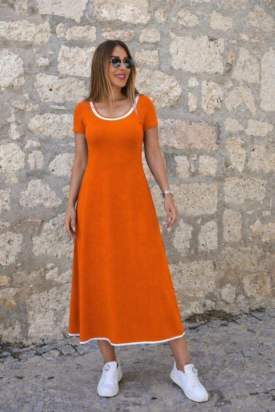 Women's Short Sleeve Round Neck Colored Collar Pleated Midi Viscose Dress, 33853
