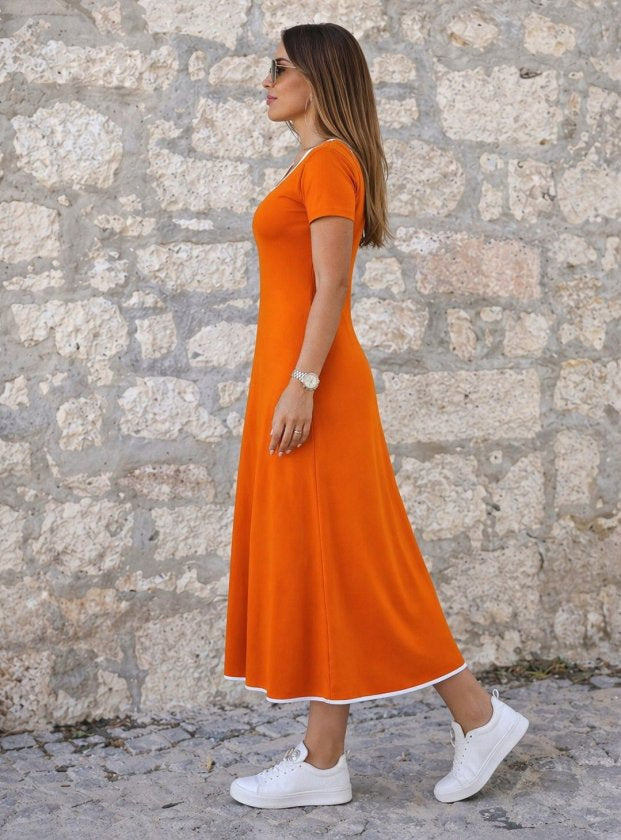 Women's Short Sleeve Round Neck Colored Collar Pleated Midi Viscose Dress, 33853
