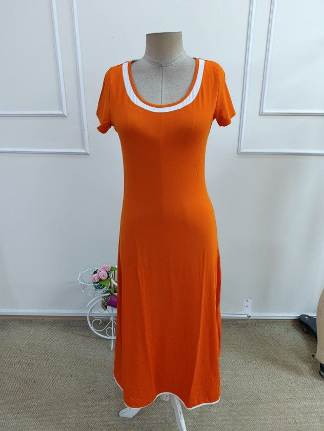 Women's Short Sleeve Round Neck Colored Collar Pleated Midi Viscose Dress, 33853