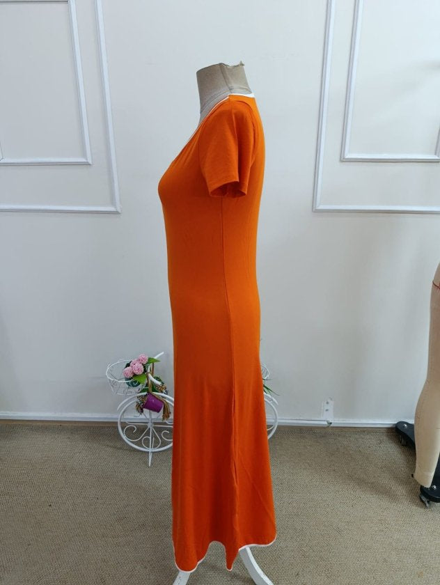 Women's Short Sleeve Round Neck Colored Collar Pleated Midi Viscose Dress, 33853