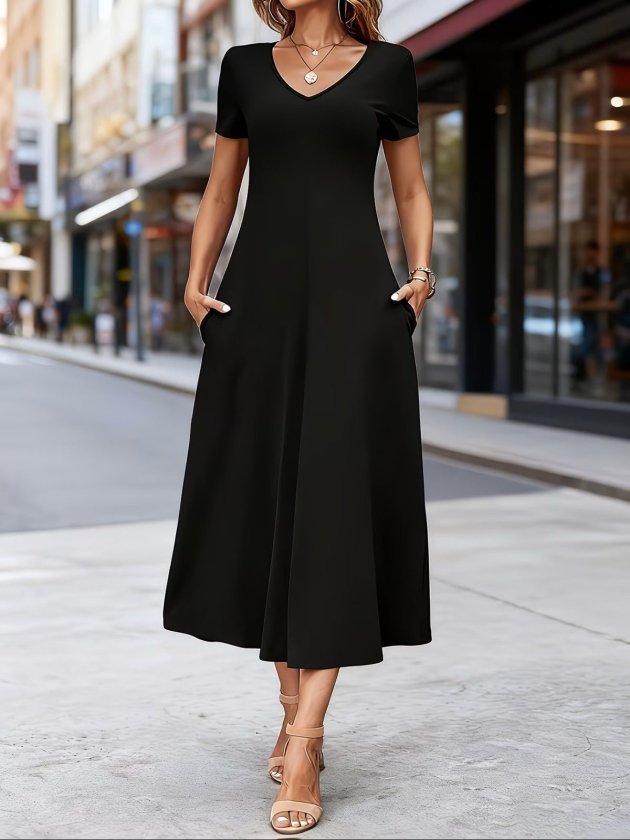Women's Short Sleeve V-Neck Pocketed Midi Viscose Dress, 33884