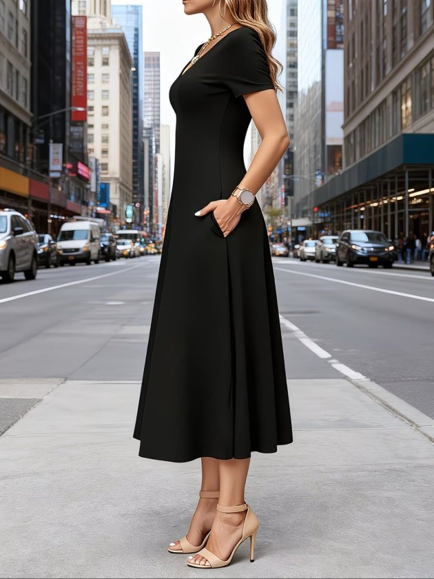 Women's Short Sleeve V-Neck Pocketed Midi Viscose Dress, 33884