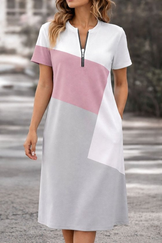 Women's Short Sleeve Collared Zippered Patterned Short Supreme Dress, 33889