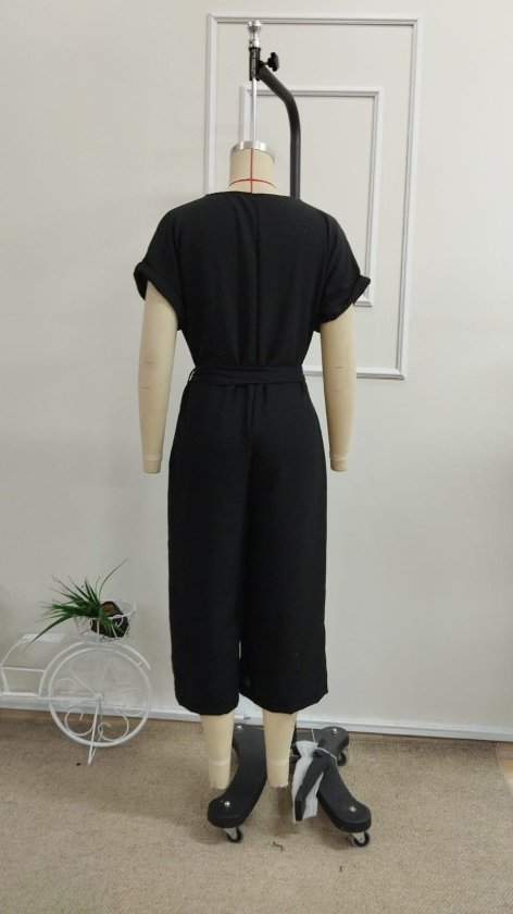 Women's Short Sleeve V-Neck Button-Front Belted Jumpsuit with Pocket Detail, 33924