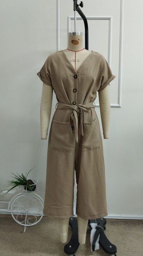 Women's Short-Sleeve V-Neck Buttoned Belted Long Jumpsuit with Pocket Detail, 33925