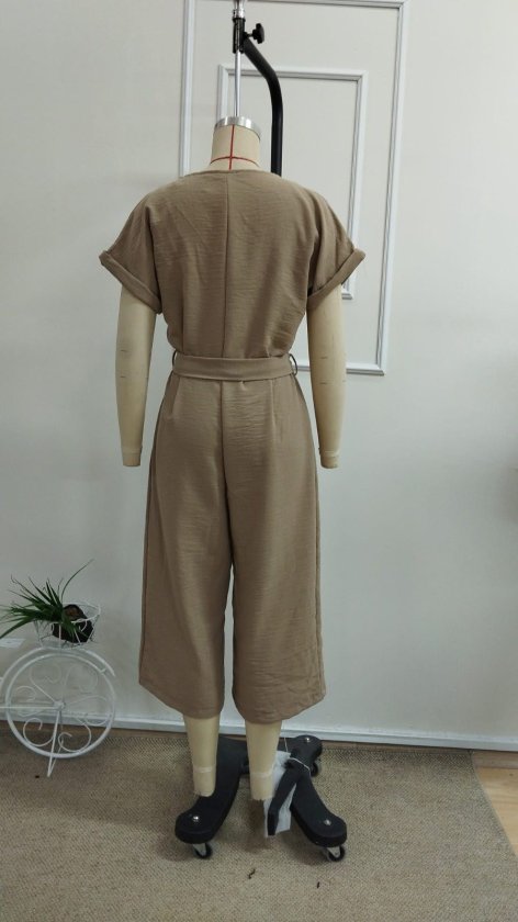 Women's Short-Sleeve V-Neck Buttoned Belted Long Jumpsuit with Pocket Detail, 33925