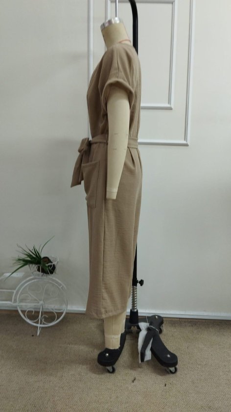 Women's Short-Sleeve V-Neck Buttoned Belted Long Jumpsuit with Pocket Detail, 33925