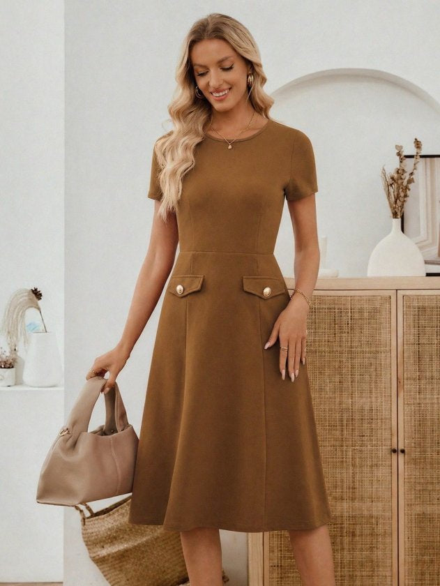 Women's Short Sleeve Crew Neck Midi Crepe Dress with Pocket Details, 33947