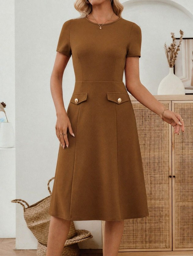 Women's Short Sleeve Crew Neck Midi Crepe Dress with Pocket Details, 33947