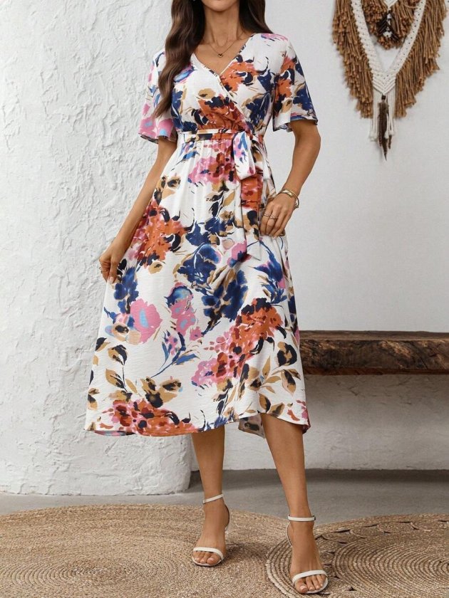 Women's Short Sleeve Wrap Neck Side Tie Patterned Supima Midi Dress, 33967