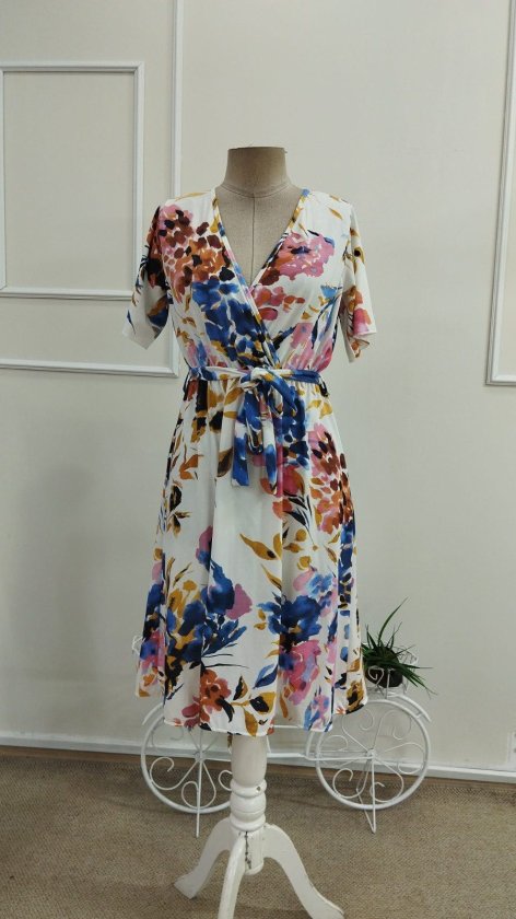 Women's Short Sleeve Wrap Neck Side Tie Patterned Supima Midi Dress, 33967