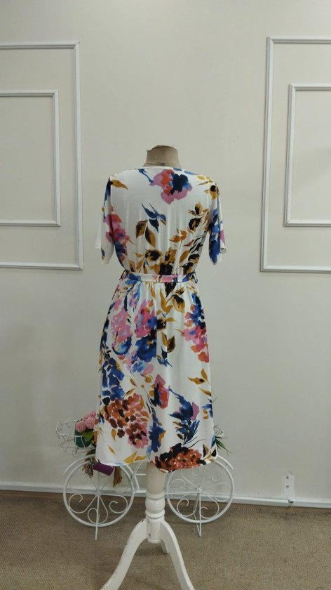 Women's Short Sleeve Wrap Neck Side Tie Patterned Supima Midi Dress, 33967