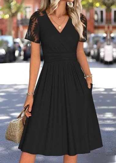 Women's Short Sleeve Wrap Collar Short Flared Viscose Dress, 34020