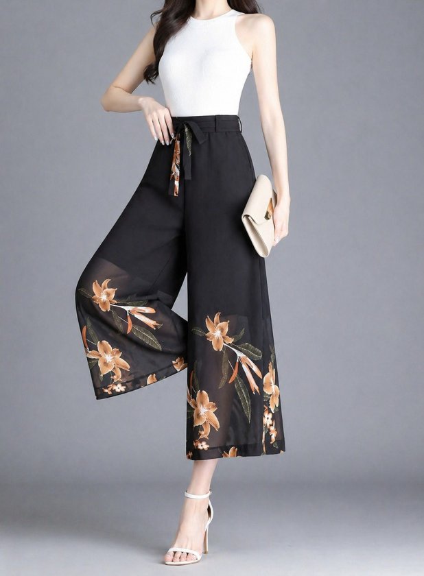 Women's High Waist Floral Print Lined Chiffon Trousers with Waist Tie, 34028