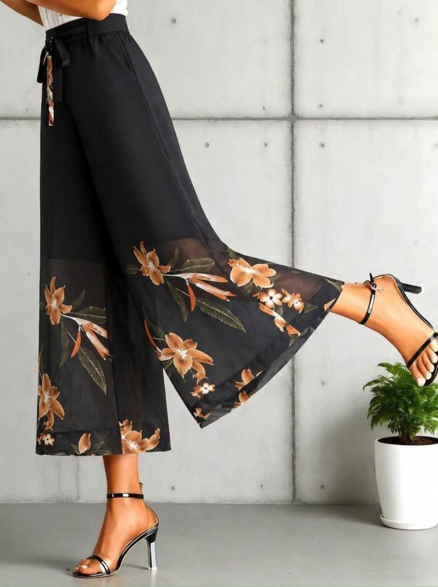 Women's High Waist Floral Print Lined Chiffon Trousers with Waist Tie, 34028
