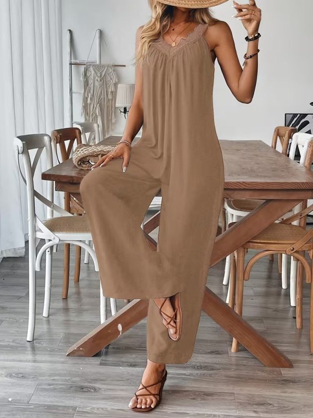 Women's Smart V-Neck Lace Detail Wide-Leg Viscose Jumpsuit, 34039