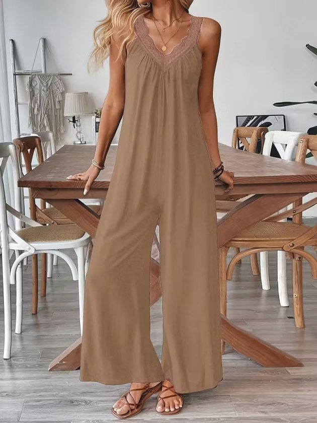 Women's Smart V-Neck Lace Detail Wide-Leg Viscose Jumpsuit, 34039