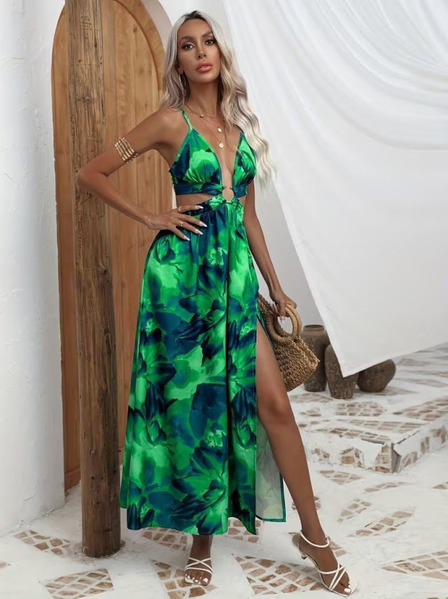 Women's Strappy Ring-Detailed Back-Tie Slit Long Supima Cotton Dress, 34086