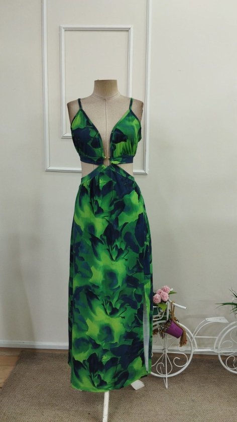 Women's Strappy Ring-Detailed Back-Tie Slit Long Supima Cotton Dress, 34086