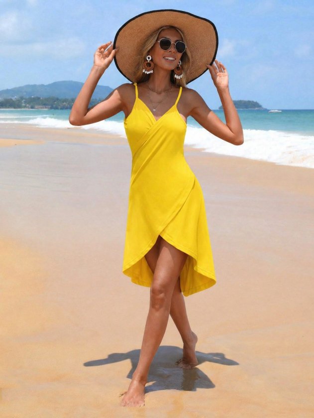 Women's Strappy Wrap-Front Viscose Dress with Cross-Cut Detail, 34156