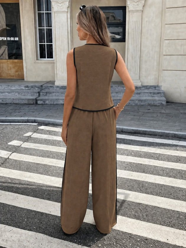 Women's Sleeveless Button-Front Vest and Pants Two-Piece Set, 34194