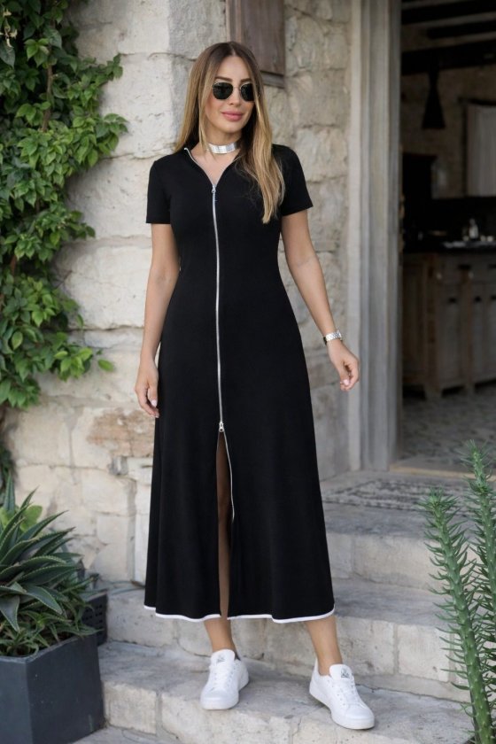 Women's Short-Sleeve Open-Neck Front-Zip Flared Midi Viscose Dress, 34203