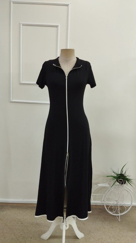 Women's Short-Sleeve Open-Neck Front-Zip Flared Midi Viscose Dress, 34203