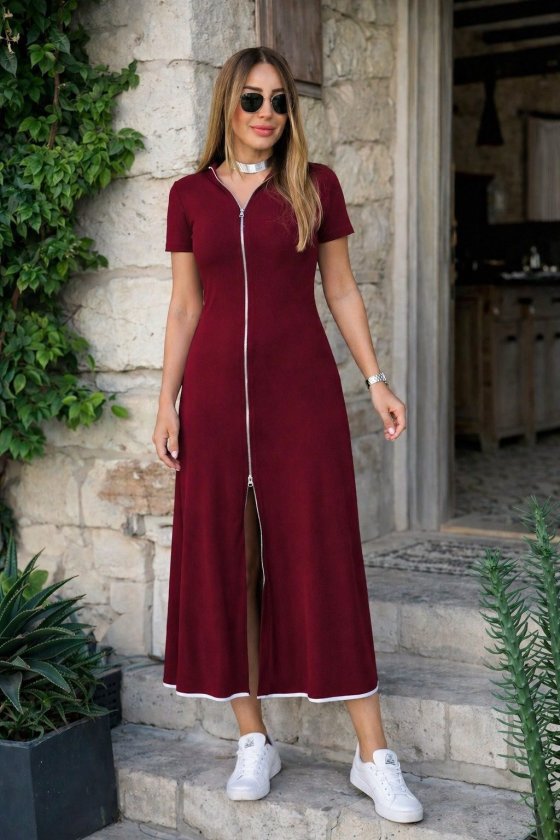 Women's Short Sleeve Open Collar Front Zip Flared Midi Viscose Dress, 34206