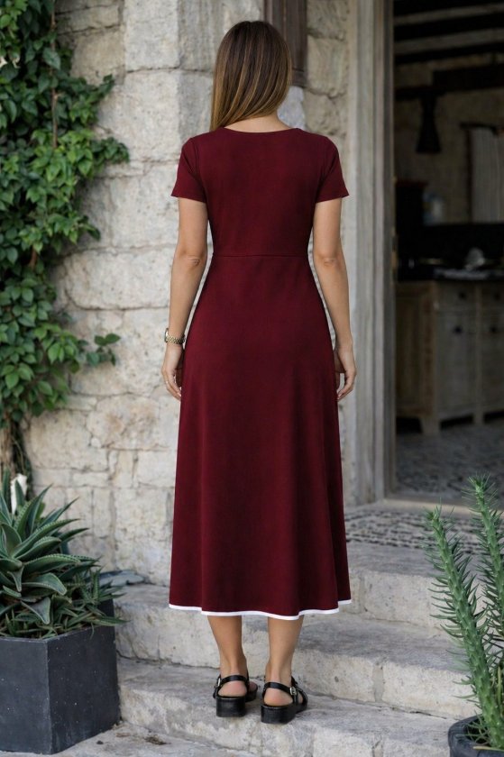 Women's Short Sleeve Open Collar Front Zip Flared Midi Viscose Dress, 34206