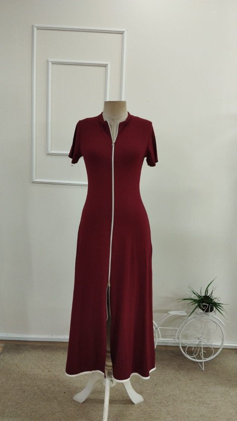 Women's Short Sleeve Open Collar Front Zip Flared Midi Viscose Dress, 34206