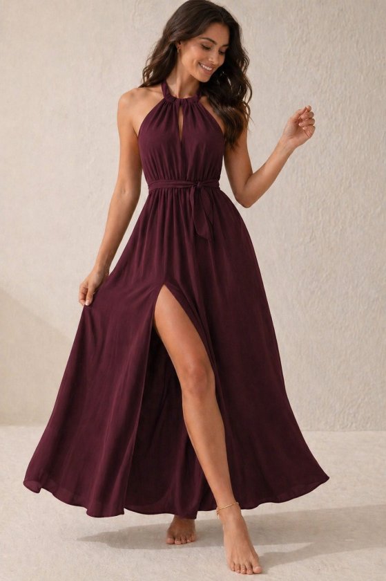Women's Off-the-Shoulder Tie-Back Slit Detail Long Iridescent Crepe Dress, 34238