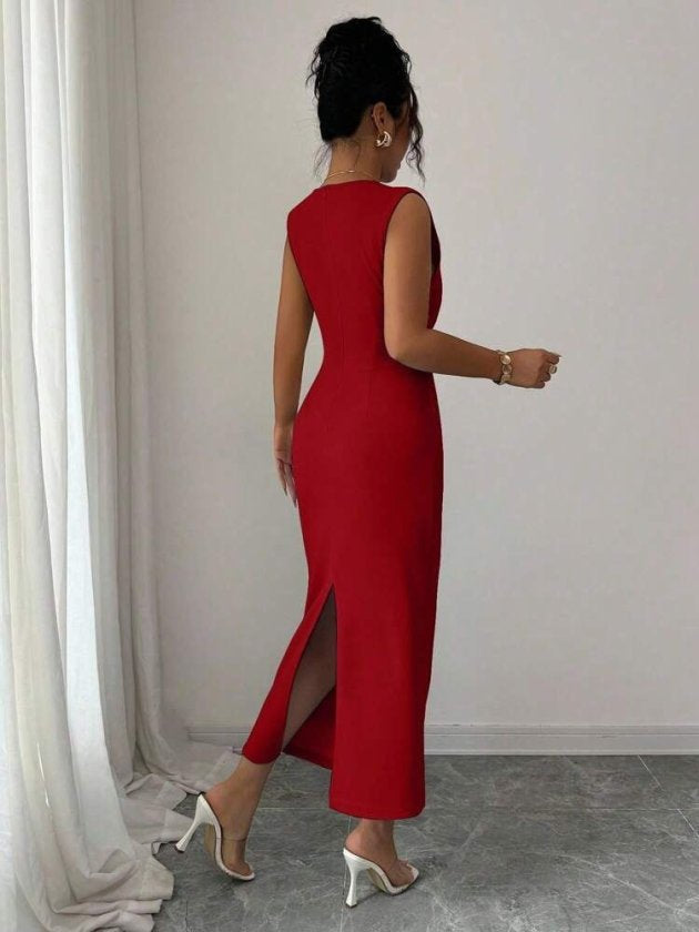 Kadın Kolsuz Kruvaze Yakalı Midi Janjan Krep Elbise, 34580