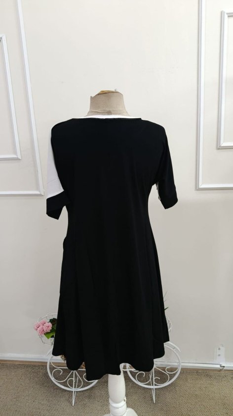 Kadın Kısa Kollu Bisiklet Yakalı önden Geometrik şekil Detaylı çift Renkli Kısa Viskon Elbise, 34609
