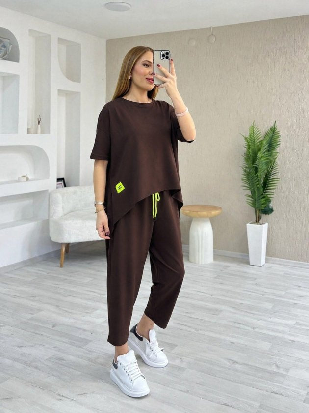 Kadın Kısa Kollu Bisiklet Yaka Viskon Iki Iplik Bluz Ve Pantolon Ikili Takım, 37758