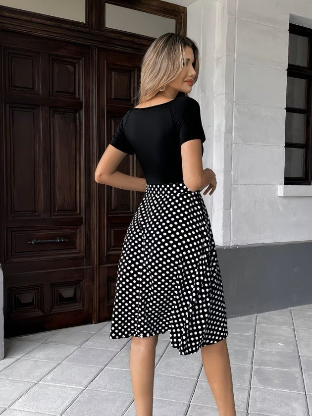 Kadın Kısa Kollu V Yakalı üst Viskon Alt Puantiyeli Kısa örme Krep Elbise, 36394