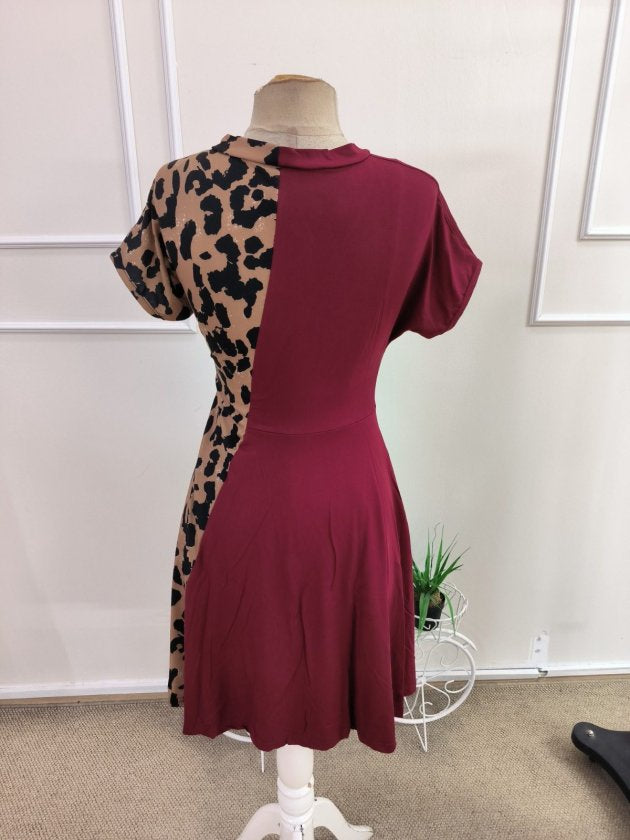 Kadın Kısa Kollu V Yakalı Bir Yanı Leopar Detaylı Kısa Viskon Elbise, 37600