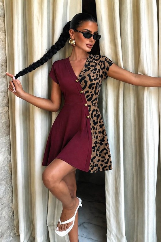 Kadın Kısa Kollu V Yakalı Bir Yanı Leopar Detaylı Kısa Viskon Elbise, 37600