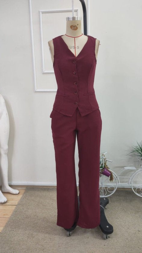 Kadın Askılı önden Düğmeli Bluz Ve Pantolon Keten Ikili Takım, 35863