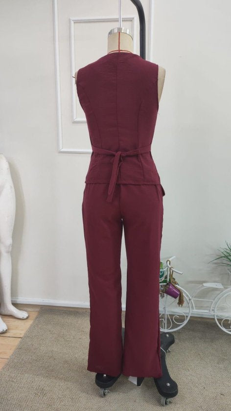 Kadın Askılı önden Düğmeli Bluz Ve Pantolon Keten Ikili Takım, 35863