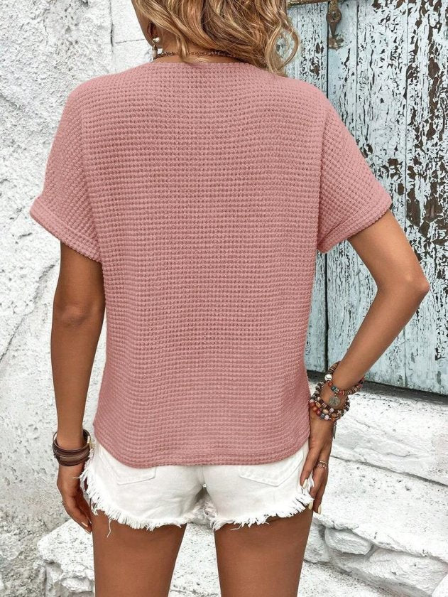 Kadın Kısa Kollu V Yakalı Düğmeli Triko Bluz, 36240