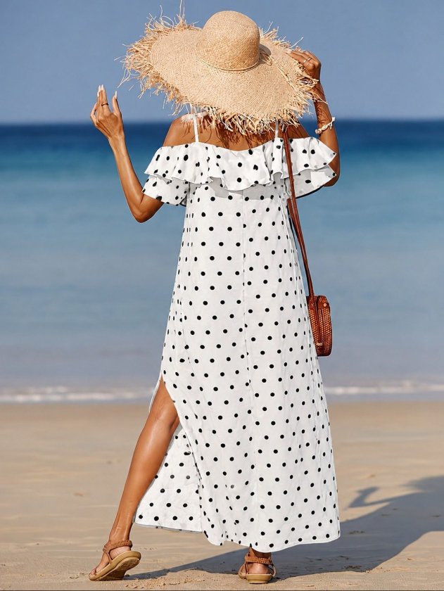 Kadın Ip Askılı Omuzlardan Açık Fırfır Detaylı Yırtmaçlı Uzun Puantiyelı Süprem Elbise, 35157